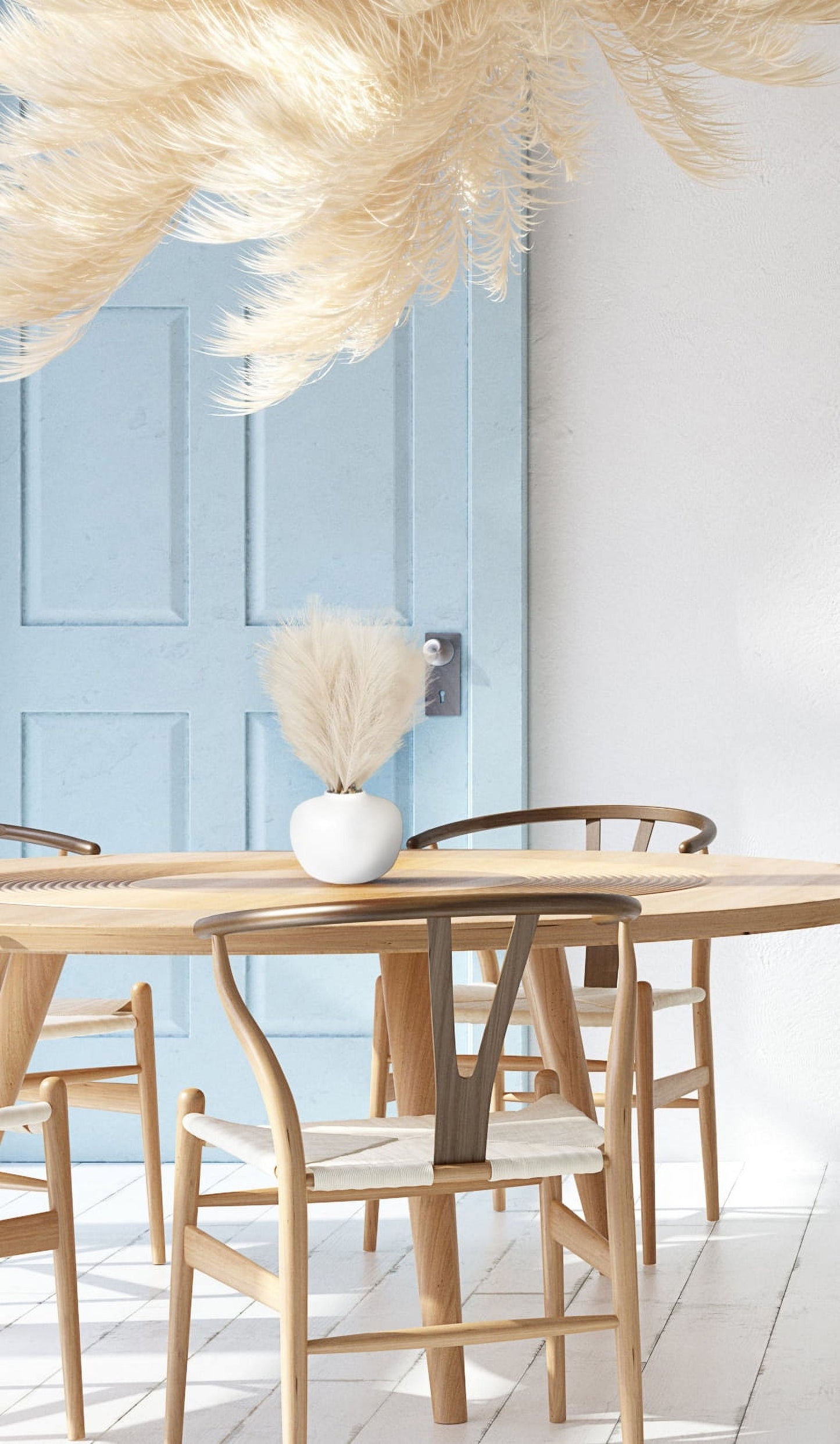 14" Artificial Pampas in White Rounded Ceramic Vase