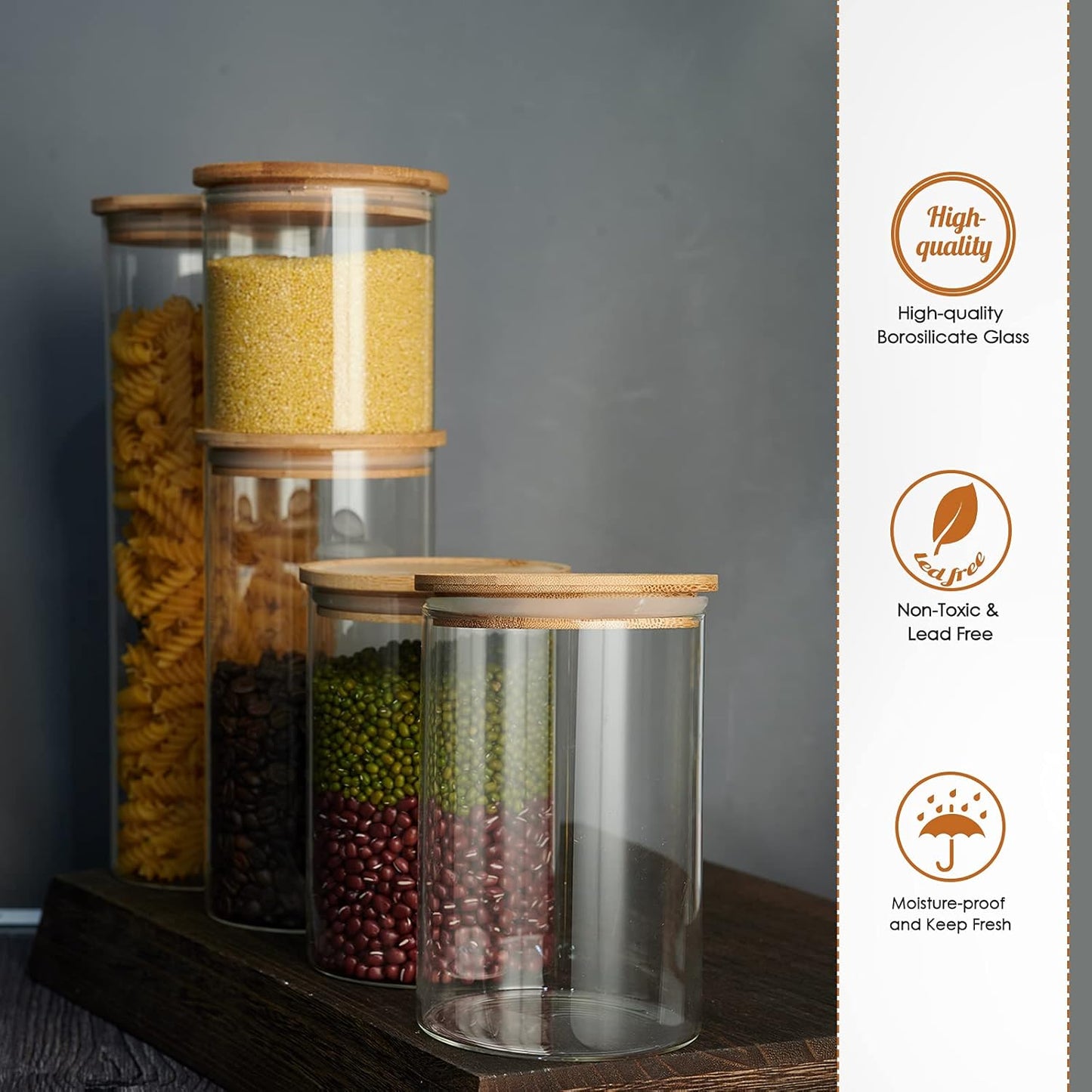 Glass Canisters Glass Storage Jars with Bamboo Lids Kitchen Canister Set of 5 Glass Storage Containers for Pantry Pasta Coffee 73 Oz 48 Oz 35 Oz and 22 Oz