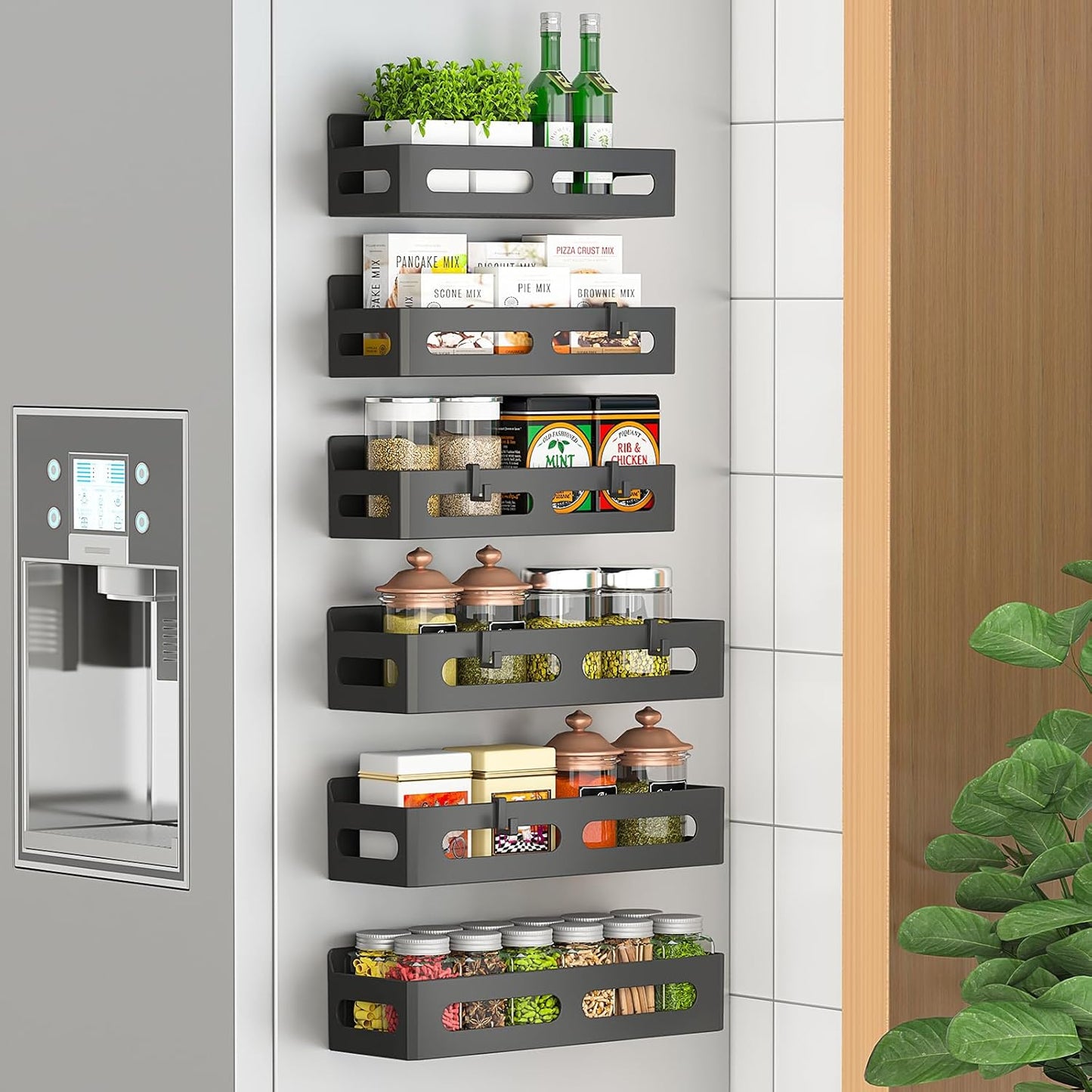 4 Pack Magnetic Spice Rack for Refrigerator, Spice Rack Organizer, Moveable Magnetic Shelf Fridge Organizer with 4 Hooks for Kitchen and Oven Organization, Black