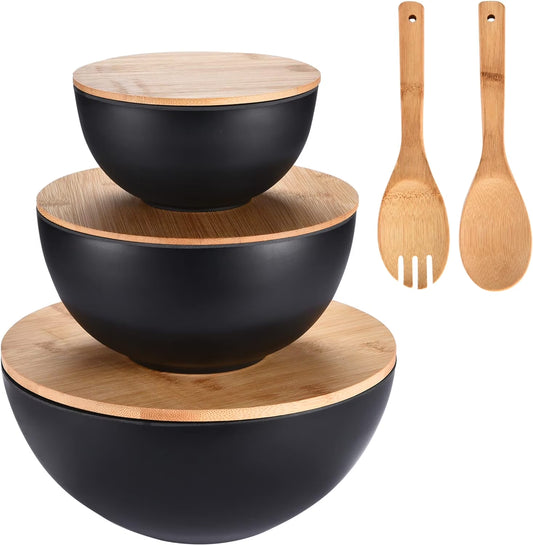 Bamboo Fiber Salad Bowl Set with Wooden Lids - Perfect for Serving, Mixing, and Prepping Fruits, Pasta, Cheese, Ramen, Bread, and More!