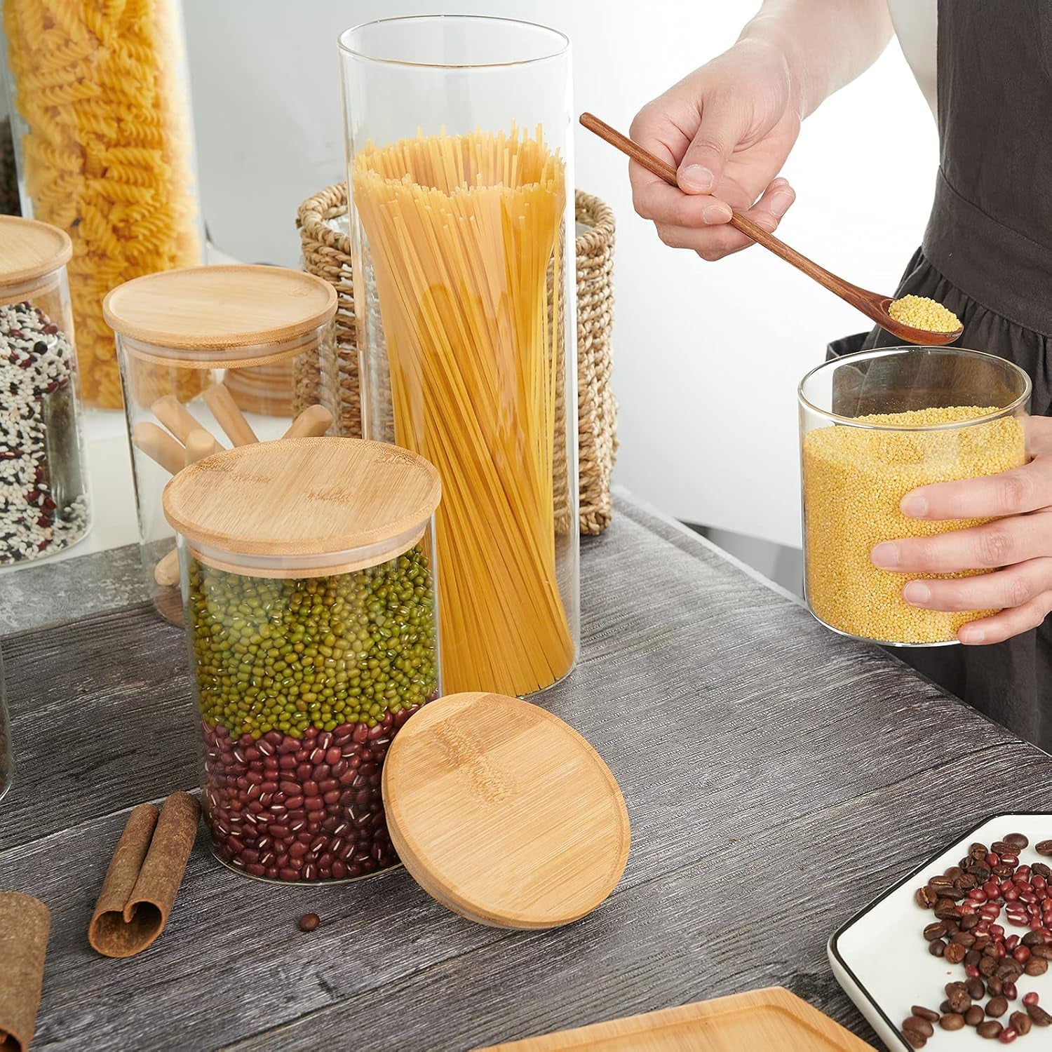 Glass Canisters Glass Storage Jars with Bamboo Lids Kitchen Canister Set of 5 Glass Storage Containers for Pantry Pasta Coffee 73 Oz 48 Oz 35 Oz and 22 Oz
