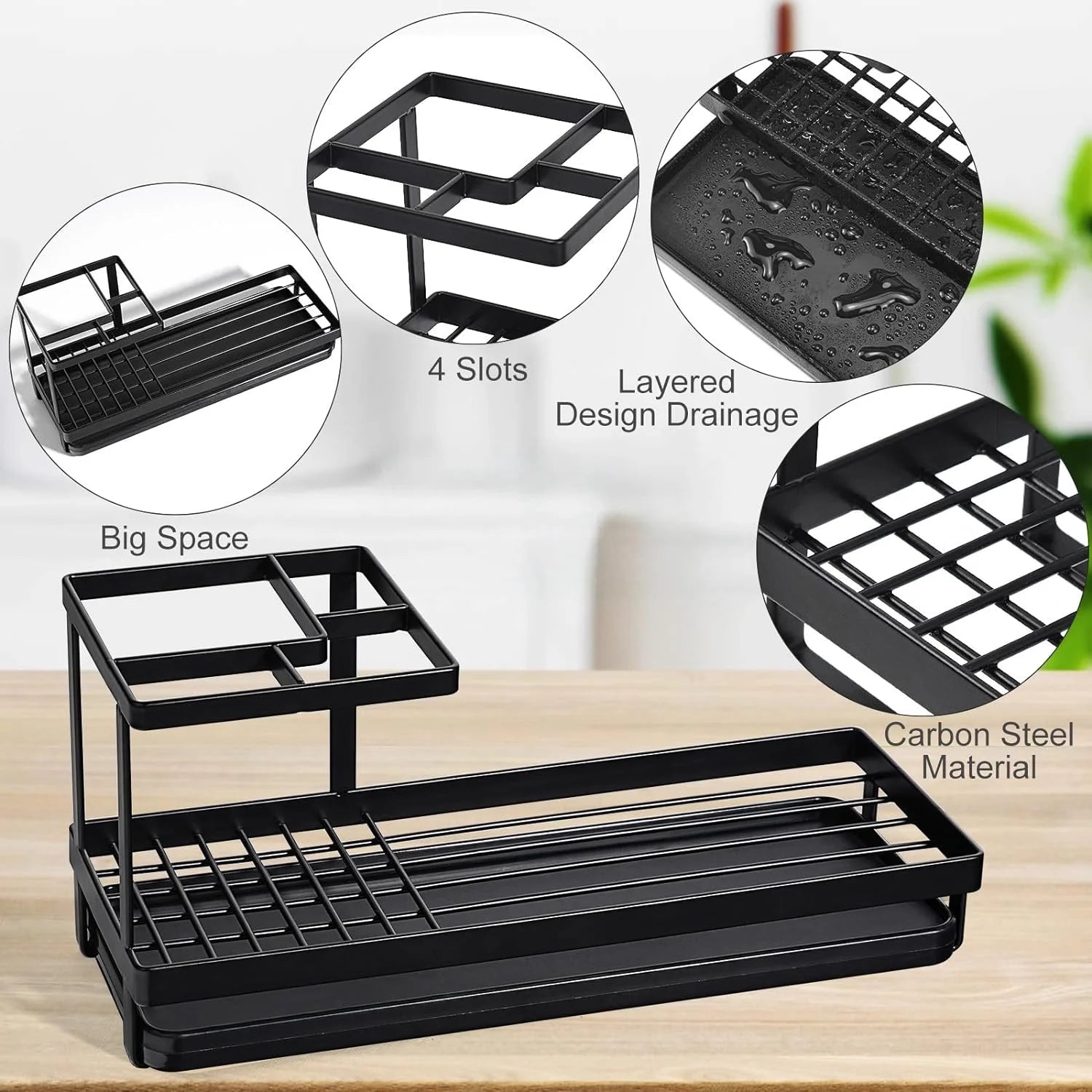 Toothbrush Holder for Countertop with Drainage - 4 Slots Bathroom Organizer for Electric Toothbrush, Toothpaste, Mouthwash - Black