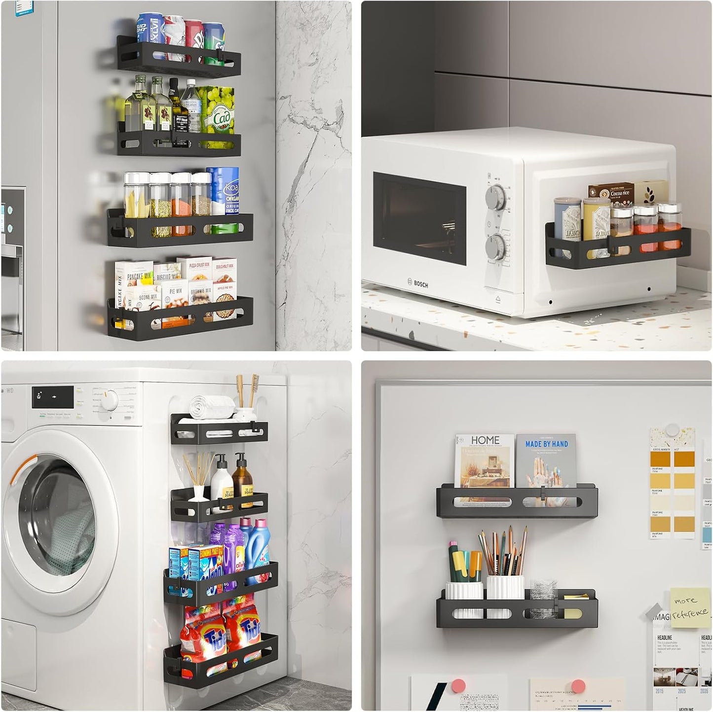 4 Pack Magnetic Spice Rack for Refrigerator, Spice Rack Organizer, Moveable Magnetic Shelf Fridge Organizer with 4 Hooks for Kitchen and Oven Organization, Black