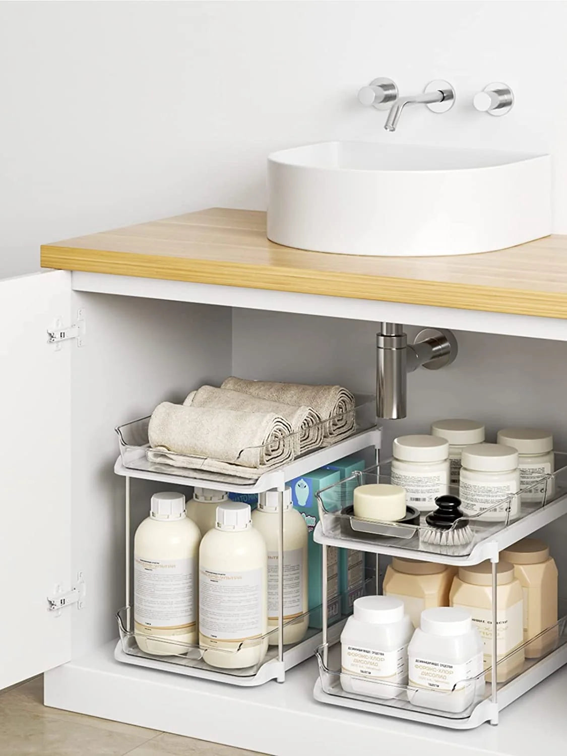 2 Sets of 2-Tier Multi-Purpose Bathroom under Sink Organizers and Storage, Stackable Kitchen Pantry Organization, Pull Out Medicine Cabinet Organizer with 8 Movable Dividers C29