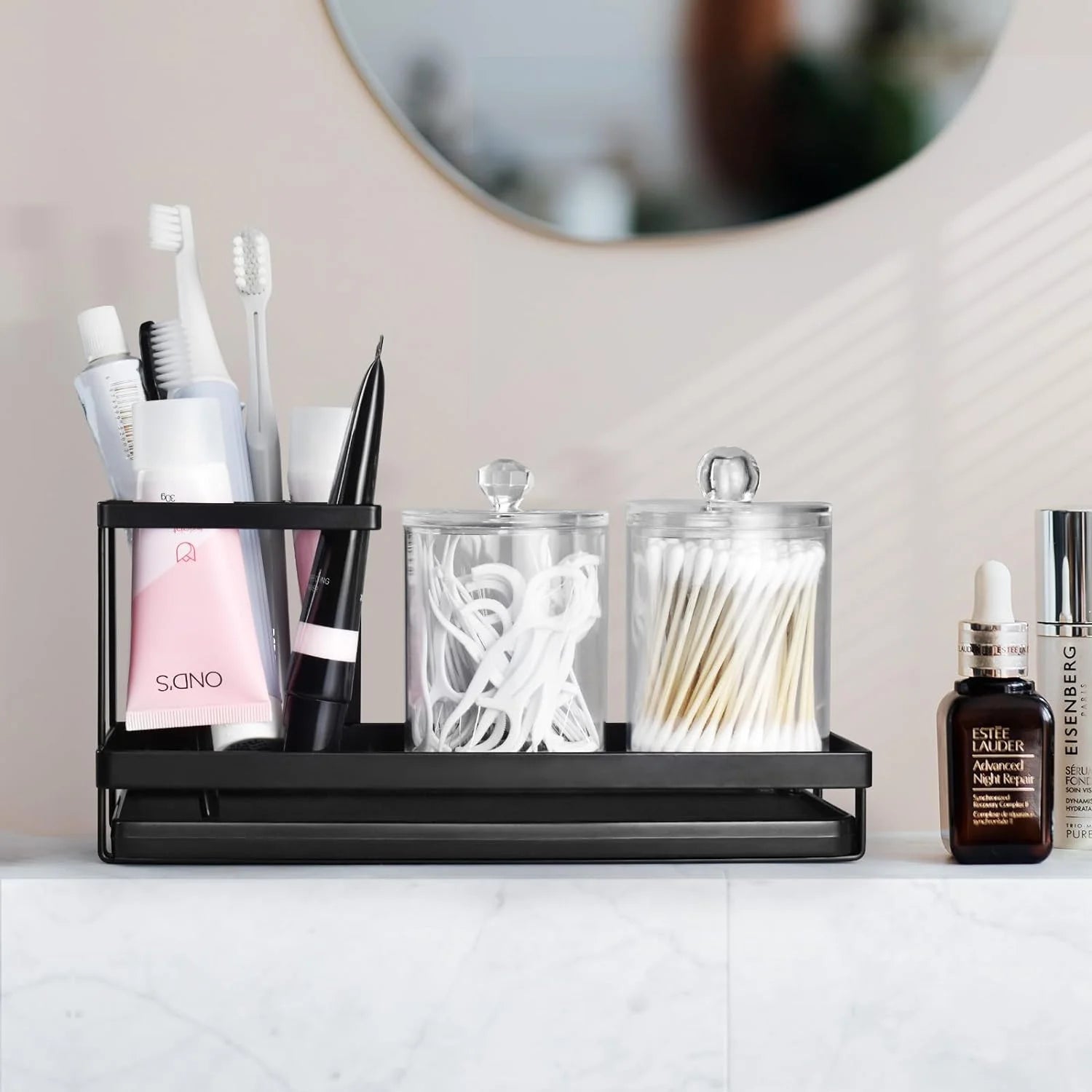 Toothbrush Holder for Countertop with Drainage - 4 Slots Bathroom Organizer for Electric Toothbrush, Toothpaste, Mouthwash - Black