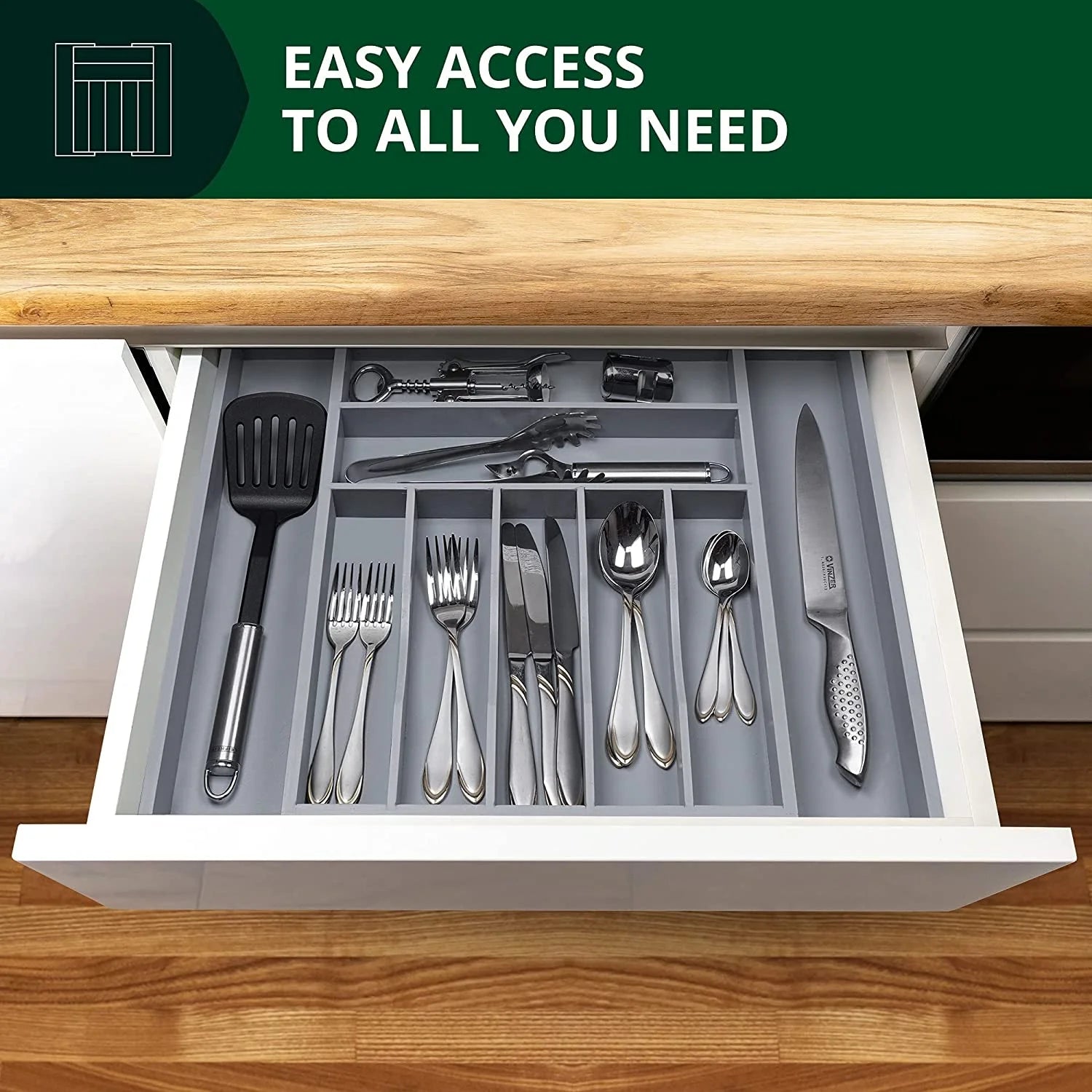 Bamboo Expandable Silverware Organizer, 7-9 Compartments, 13.5-20 Inches Wide X 2.5 Inches Deep, Gray