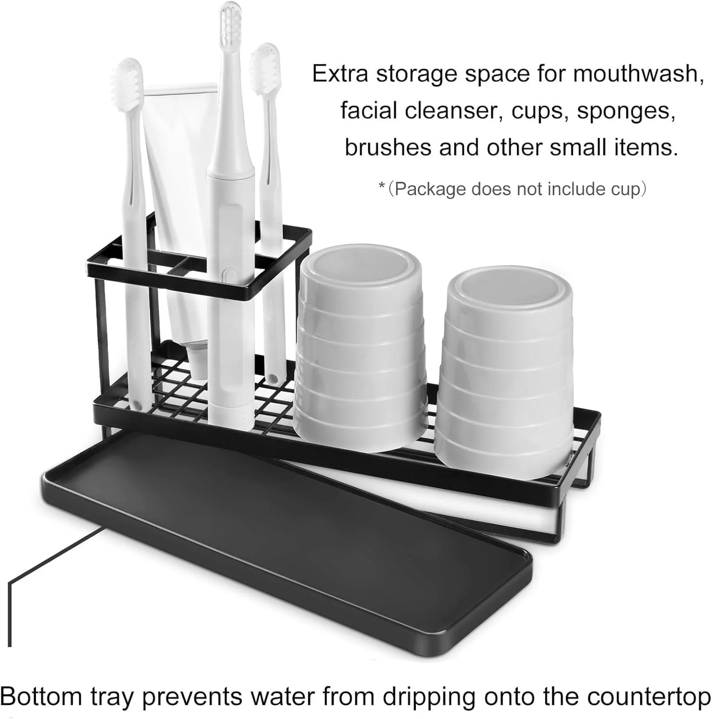 Toothbrush Holder for Countertop with Drainage - 4 Slots Bathroom Organizer for Electric Toothbrush, Toothpaste, Mouthwash - Black